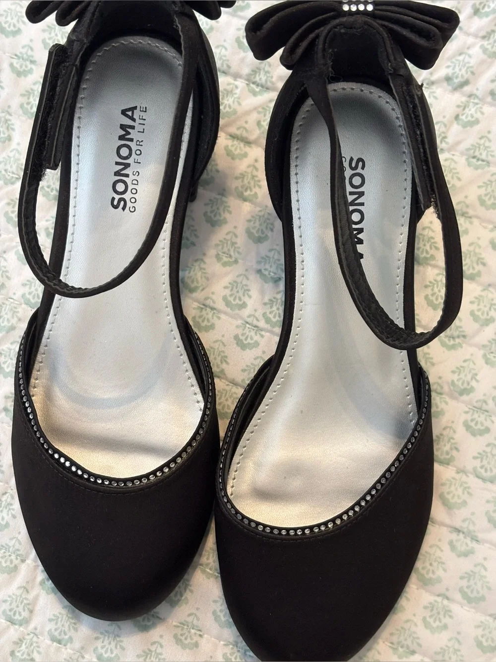 Sonoma Black Ankle-Strap Block Heels with Bow Accent